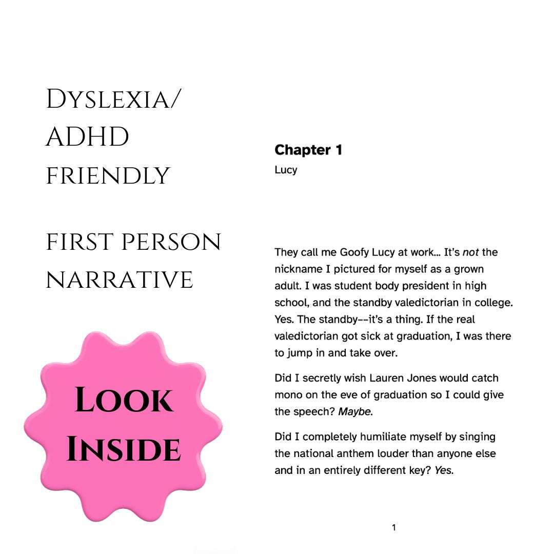 Book or notebook cover with text about dyslexia/ADHD friendly first person narrative, featuring a pink 'Look Inside' button.