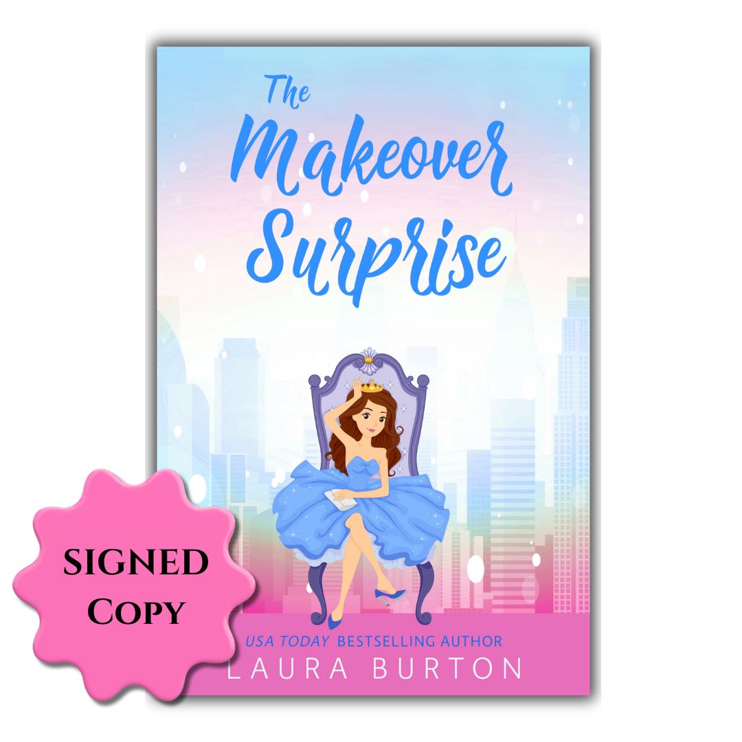 Book cover of 'The Makeover Surprise' with a city skyline and a woman in a blue dress, featuring a 'Signed Copy' label.