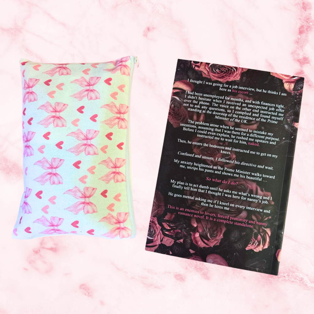 Two products on a pink background, one is a make up bag with a floral pattern and the other is a book called “No.10 Affair” by Joanna Maz.