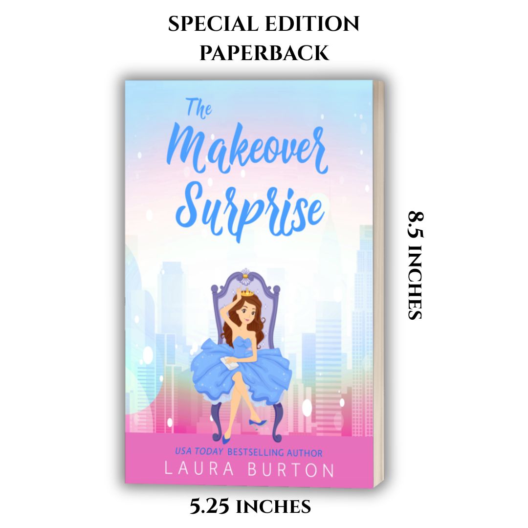 Book cover of 'The Makeover Surprise' with a character in a blue dress and city skyline, labeled as a special edition paperback. Dimensions: 8.5 inches by 5.25 inches.