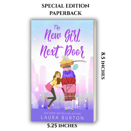 Book cover of 'The New Girl Next Door' with dimensions and author name on a white background. 8.5 inches by 5.25 inches.