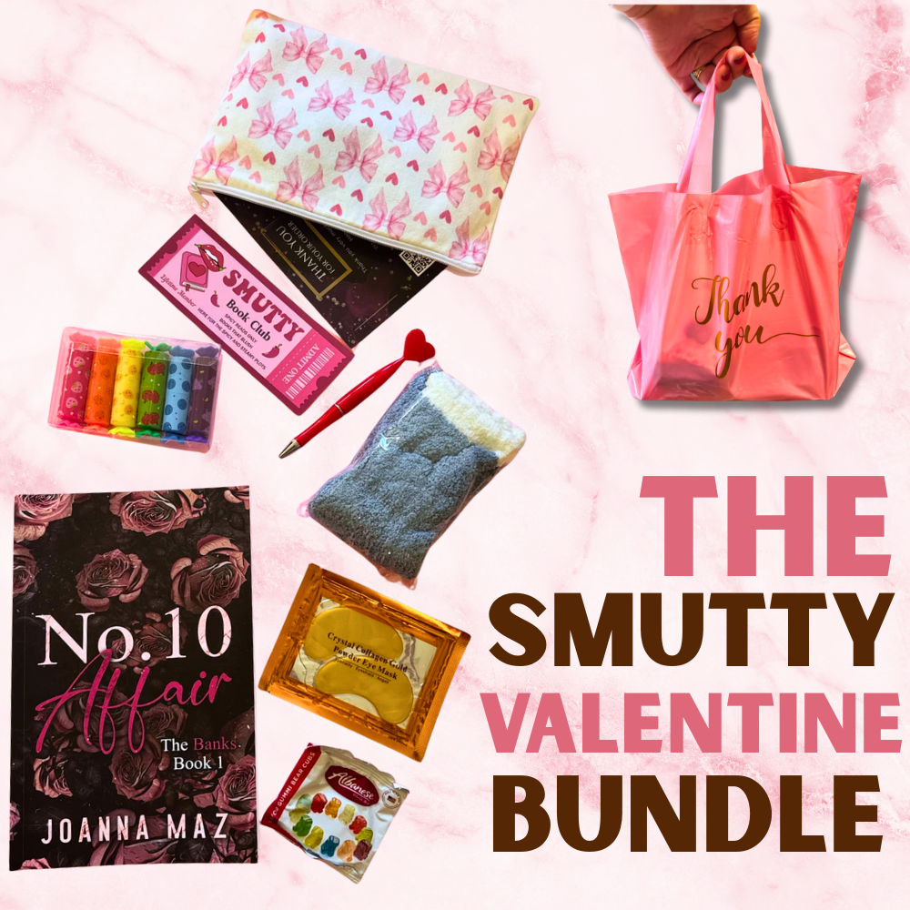Collection of items including a book, a pink tote bag, and various small packages on a pink background with 'The Smutty Valentine Bundle' text.