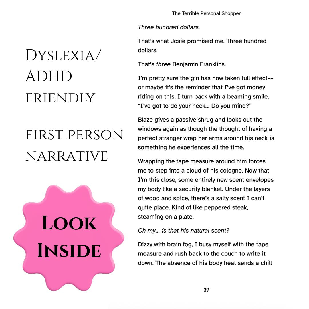 Book page with text and a pink 'Look Inside' button