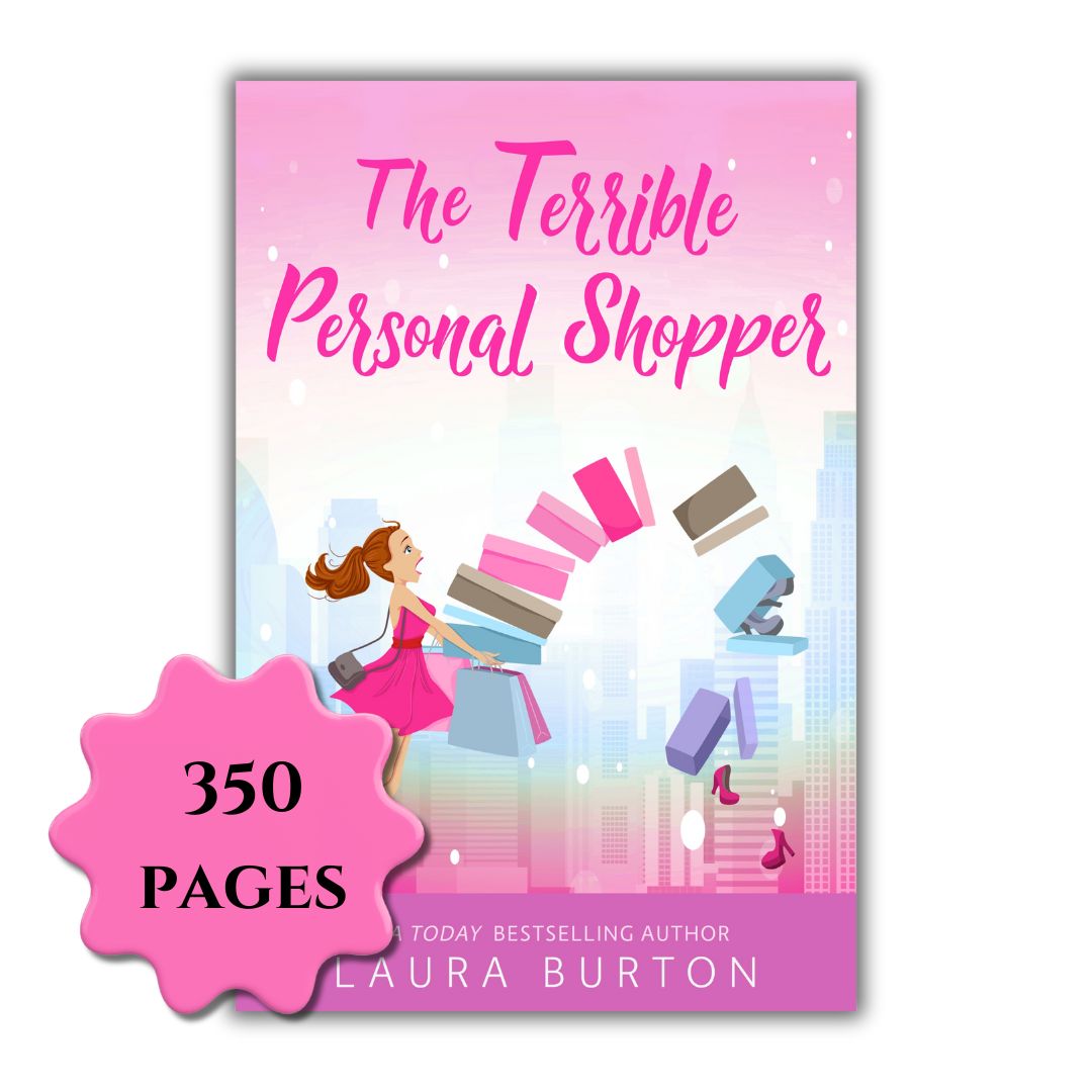 Book cover of 'The Terrible Personal Shopper' by Laura Burton with a pink background and illustration of a woman shopping.
