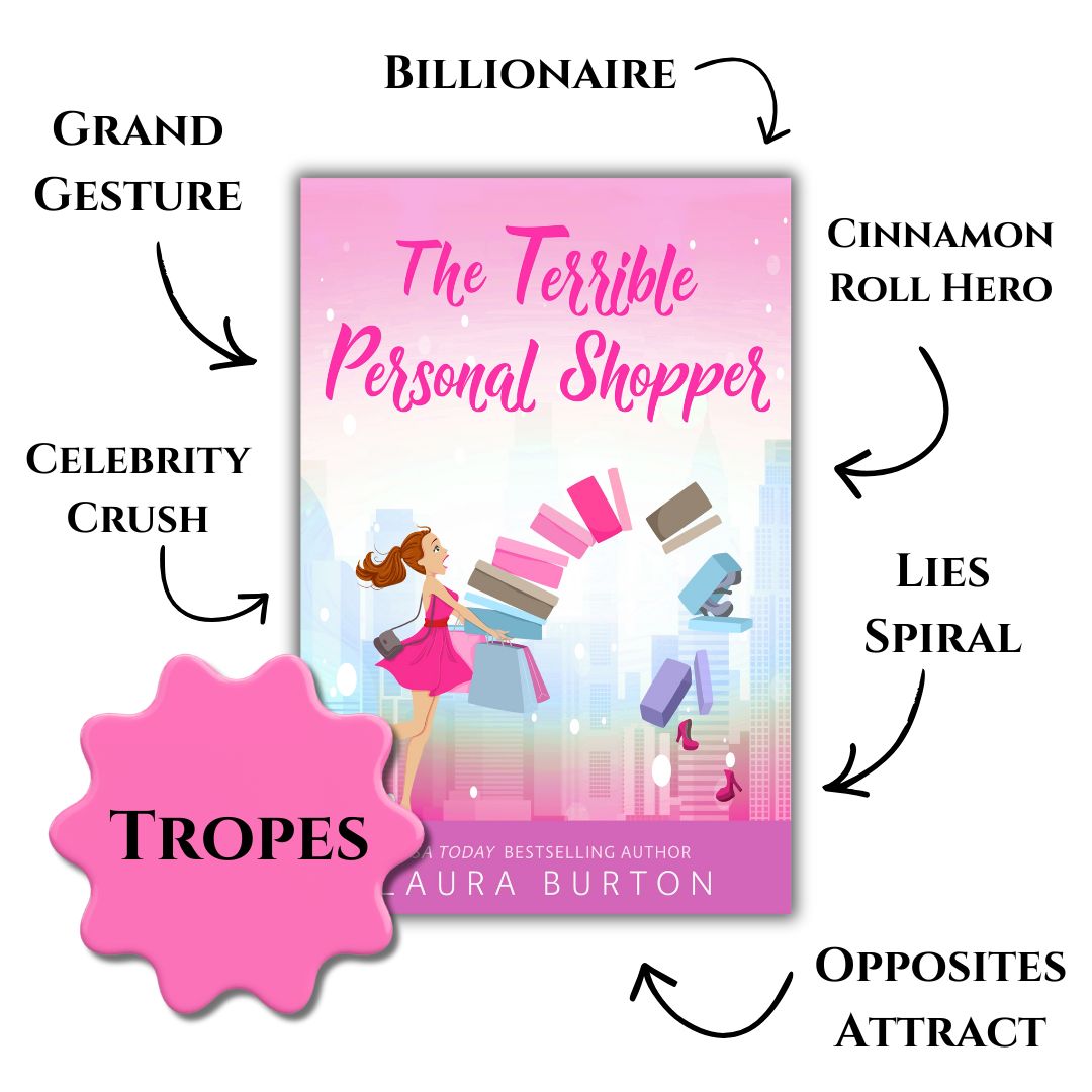 Book cover of 'The Terrible Personal Shopper' with book tropes labeled. Cinnamon roll hero. Billionaire. Grand Gesture. Celebrity Crush. Lies Spiral. Opposites Attract.