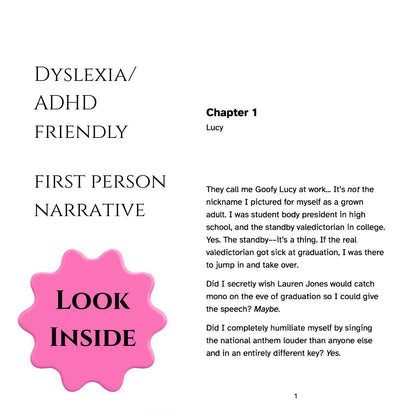 Book or notebook cover with text about dyslexia/ADHD friendly first person narrative, featuring a pink 'Look Inside' button.