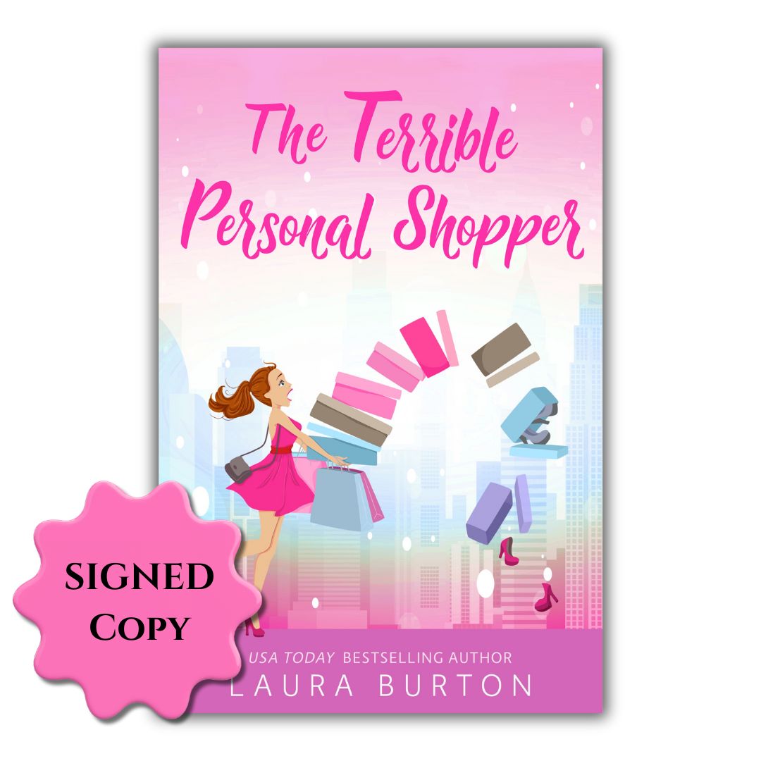 Book cover of 'The Terrible Personal Shopper' with a pink background and illustration of a woman shopping.