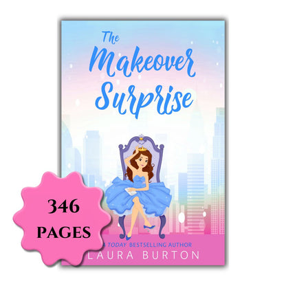 Book cover of 'The Makeover Surprise' with a cityscape background and a character in a blue dress. 346 pages.