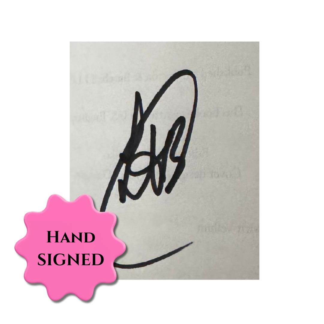 Handwritten signature on a piece of paper with a pink 'Hand Signed' label.