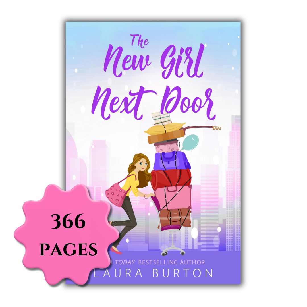 Book cover of 'The New Girl Next Door' with illustration of a young woman pushing a chair with luggage and city skyline. 366 pages.