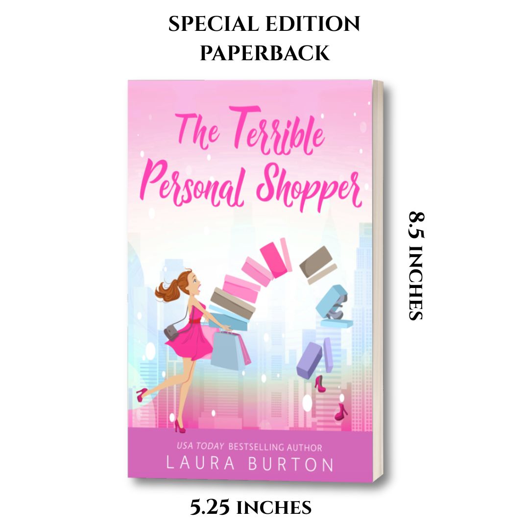 Book cover of 'The Terrible Personal Shopper' with a character illustration and dimensions on a white background. 8.5 Inches by 5.25 inches.