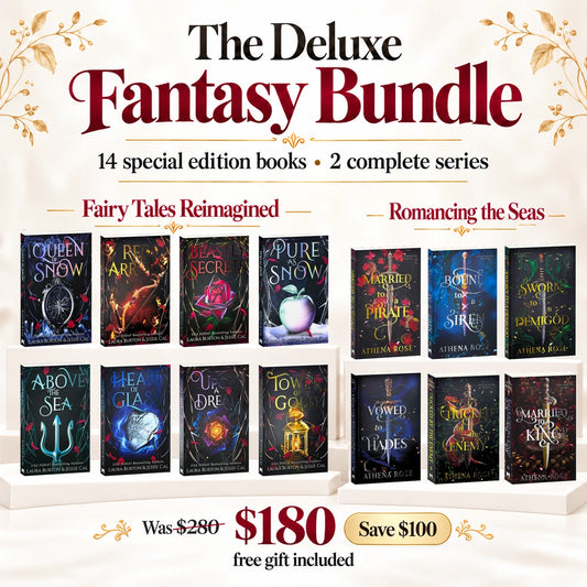 The Deluxe Fantasy Bundle: 14 special edition books from two complete series, Fairy Tales Reimagined and Romancing the Seas. Was $280, now $180, save $100. Free gift included.