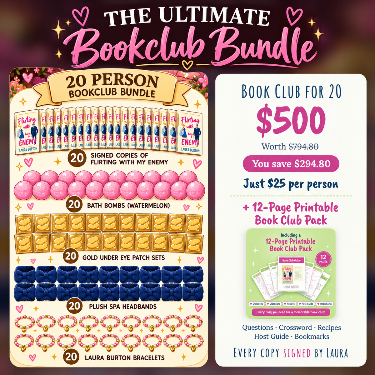 The Ultimate Book Club Bundle: Flirting with My Enemy (Signed Books, Pamper Gifts & Printable Pack)