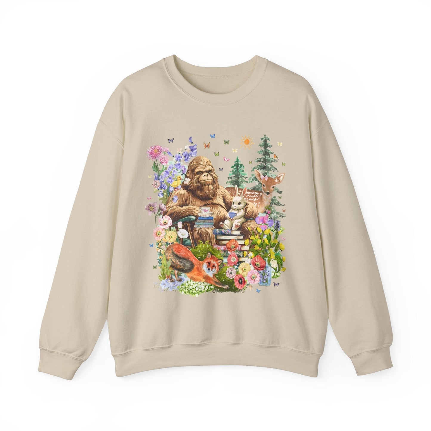 Boho Sasquatch Sweatshirt with Spring Animals