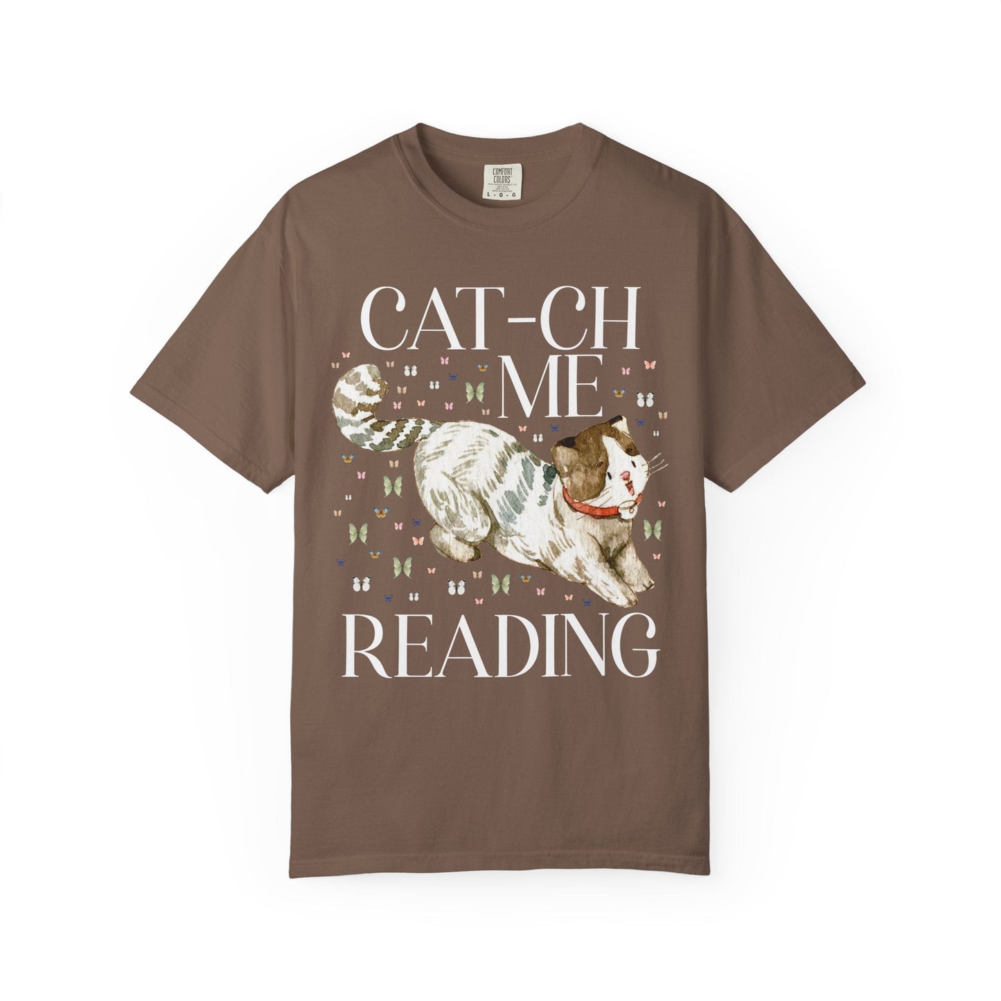 Bookish Cat Tee Shirt with Funny Saying: Cat-ch Me Reading