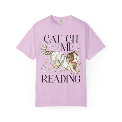 Bookish Cat Tee Shirt with Funny Saying: Cat-ch Me Reading