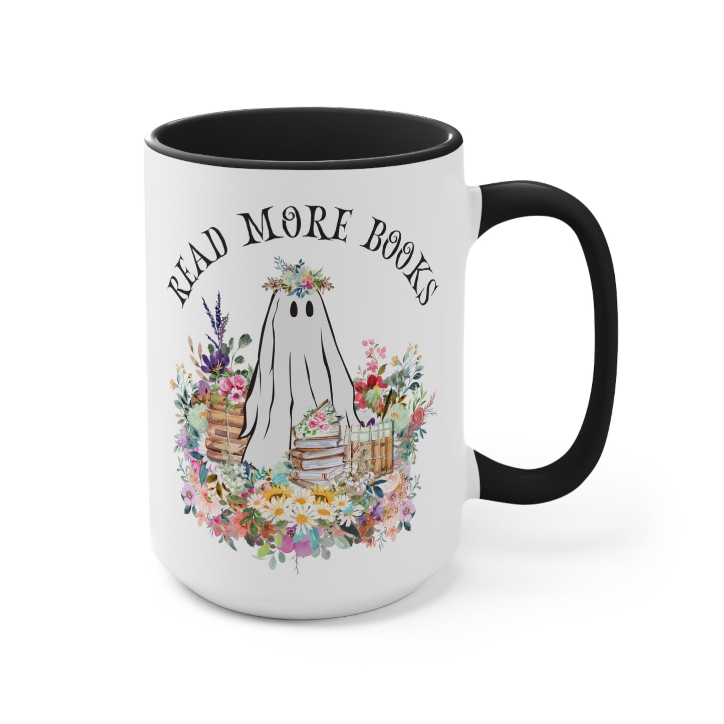 Coffee Mug for Librarian: Read More Books | 15 Oz Coffee Mug with Floral Ghost