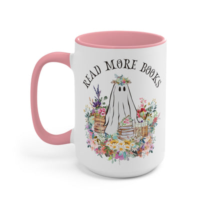 Coffee Mug for Librarian: Read More Books | 15 Oz Coffee Mug with Floral Ghost
