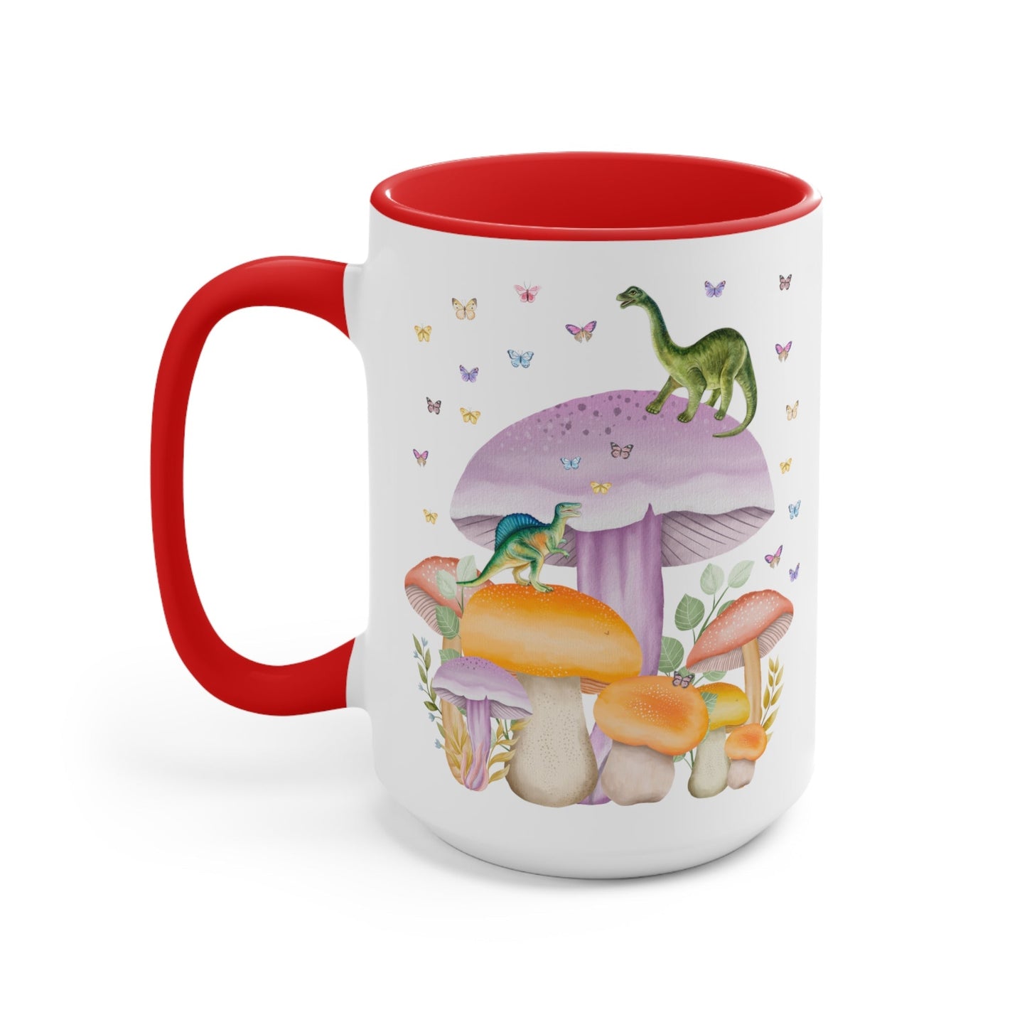 Coffee Mug with Dinosaurs and Mushrooms: 15 Oz Coffee Mug