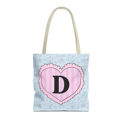 Colorful Plaid Tote Bag with Initial for Best Friend or Sister, Cute Striped Floral Tote Bag with Heart, Tote Bag with Letter: D