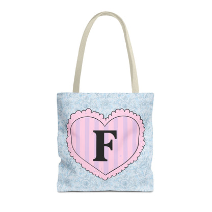 Colorful Plaid Tote Bag with Initial for Best Friend or Sister, Cute Striped Floral Tote Bag with Heart, Tote Bag with Letter: F