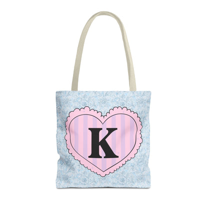 Colorful Plaid Tote Bag with Initial for Best Friend or Sister, Cute Striped Floral Tote Bag with Heart, Tote Bag with Letter: K