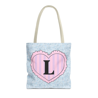 Colorful Plaid Tote Bag with Initial for Best Friend or Sister, Cute Striped Floral Tote Bag with Heart, Tote Bag with Letter: L