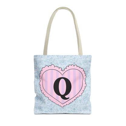 Colorful Plaid Tote Bag with Initial for Best Friend or Sister, Cute Striped Floral Tote Bag with Heart, Tote Bag with Letter: Q