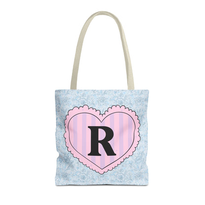 Colorful Plaid Tote Bag with Initial for Best Friend or Sister, Cute Striped Floral Tote Bag with Heart, Tote Bag with Letter: R