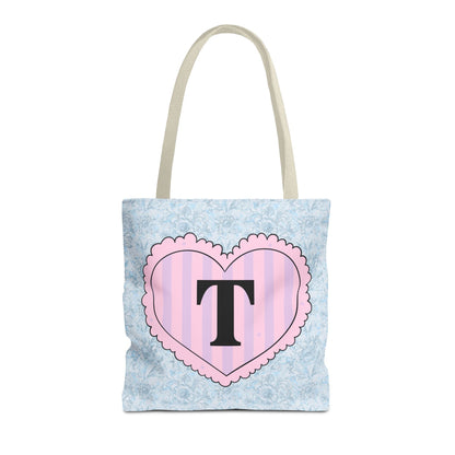 Colorful Plaid Tote Bag with Initial for Best Friend or Sister, Cute Striped Floral Tote Bag with Heart, Tote Bag with Letter: T