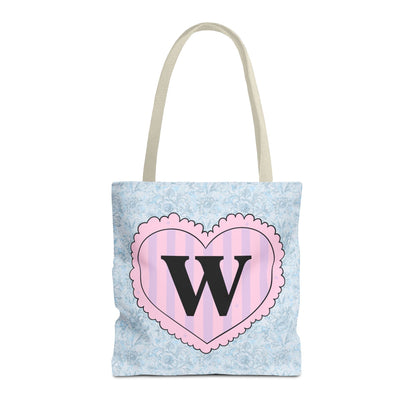 Colorful Plaid Tote Bag with Initial for Best Friend or Sister, Cute Striped Floral Tote Bag with Heart, Tote Bag with Letter: W