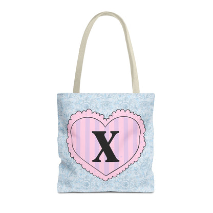 Colorful Plaid Tote Bag with Initial for Best Friend or Sister, Cute Striped Floral Tote Bag with Heart, Tote Bag with Letter: X