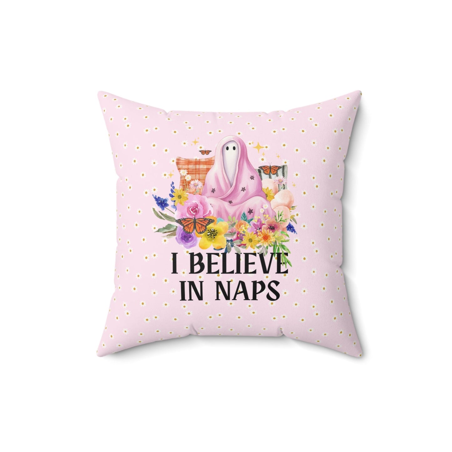 Cozy Whimsigoth Pillow with Floral Ghost: I Believe in Naps | Reversible Boho Butterfly Pillow,