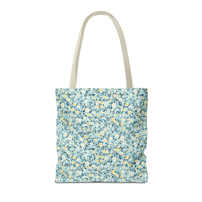 Custom Gingham Initial Tote Bag with Blue and Yellow Flowers, Cute Blue Gingham Pattern, Wildflower Retro Aesthetic Tote Bag with Letter: M