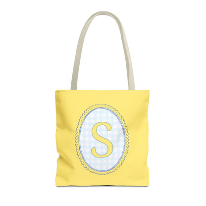 Custom Gingham Initial Tote Bag with Blue and Yellow Flowers, Cute Blue Gingham Pattern, Wildflower Retro Aesthetic Tote Bag with Letter: S