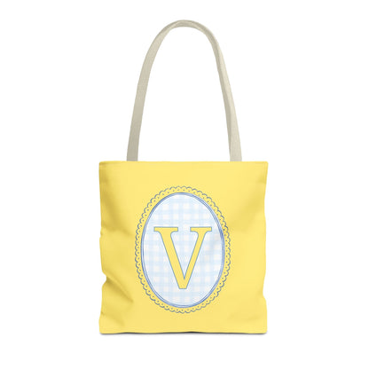 Custom Gingham Initial Tote Bag with Blue and Yellow Flowers, Cute Blue Gingham Pattern, Wildflower Retro Aesthetic Tote Bag with Letter: V