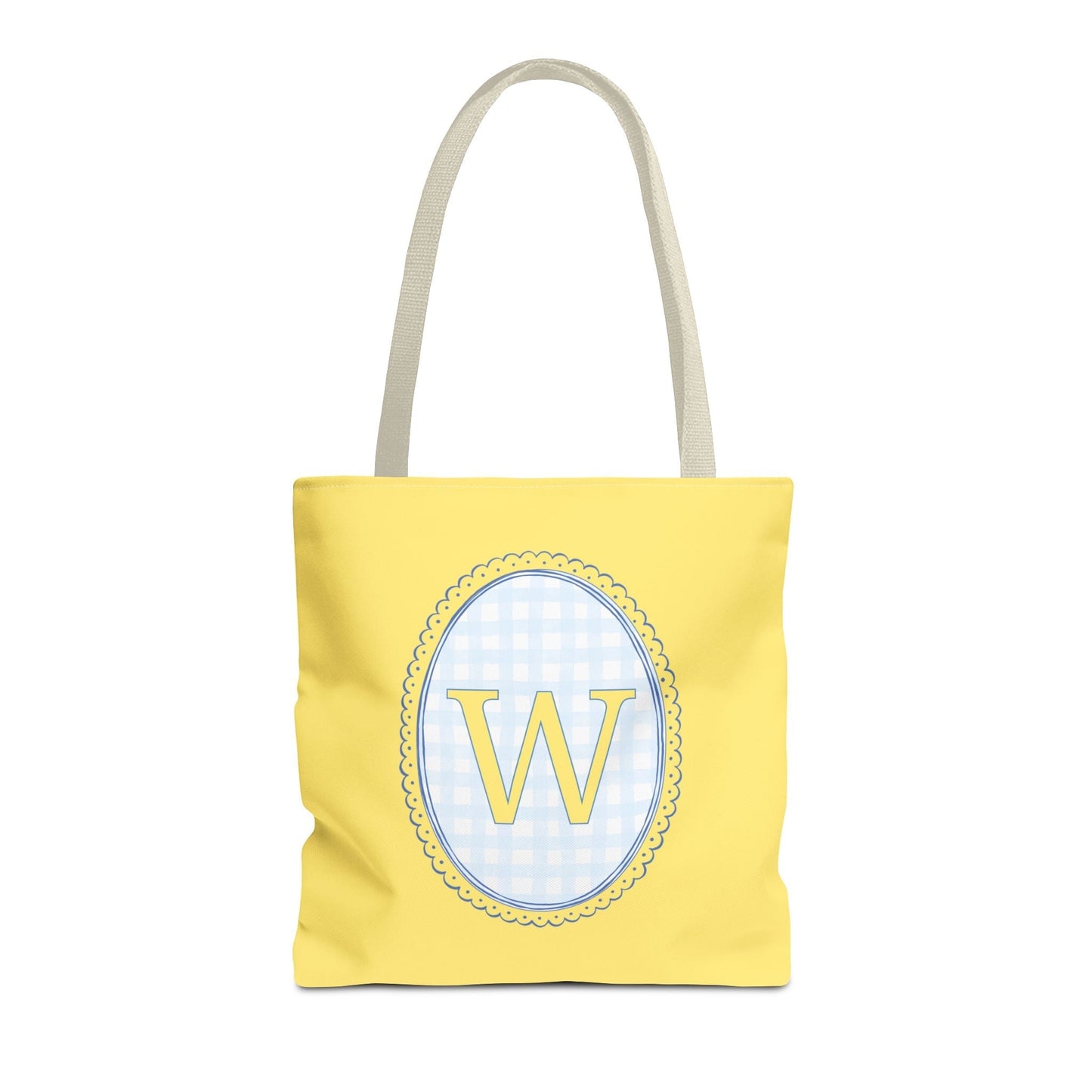 Custom Gingham Initial Tote Bag with Blue and Yellow Flowers, Cute Blue Gingham Pattern, Wildflower Retro Aesthetic Tote Bag with Letter: W