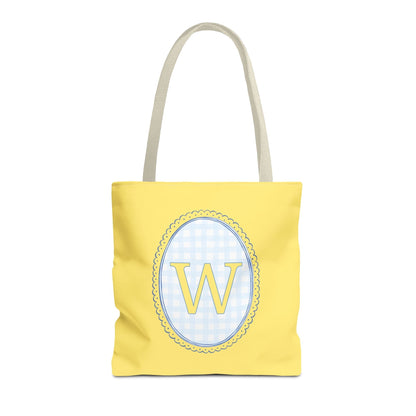 Custom Gingham Initial Tote Bag with Blue and Yellow Flowers, Cute Blue Gingham Pattern, Wildflower Retro Aesthetic Tote Bag with Letter: W