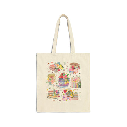 Cute Book Lover Tote Bag with Whimsical Wildflowers and Boho Butterflies