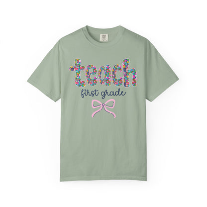First Grade Teacher Tee Shirt with Bow