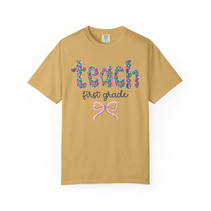 First Grade Teacher Tee Shirt with Bow