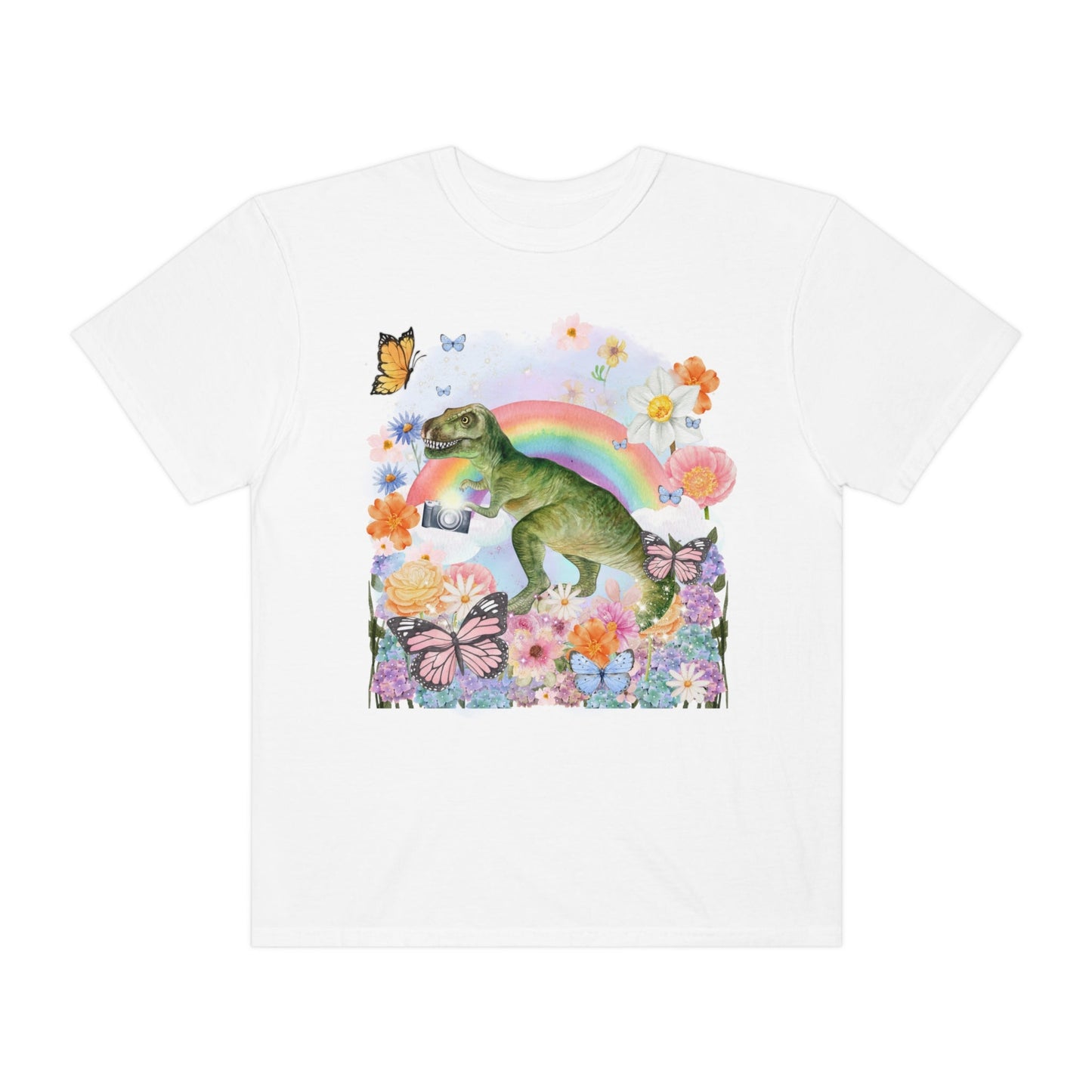 Floral Dinosaur Holding a Camera: Funny Photographer Tee