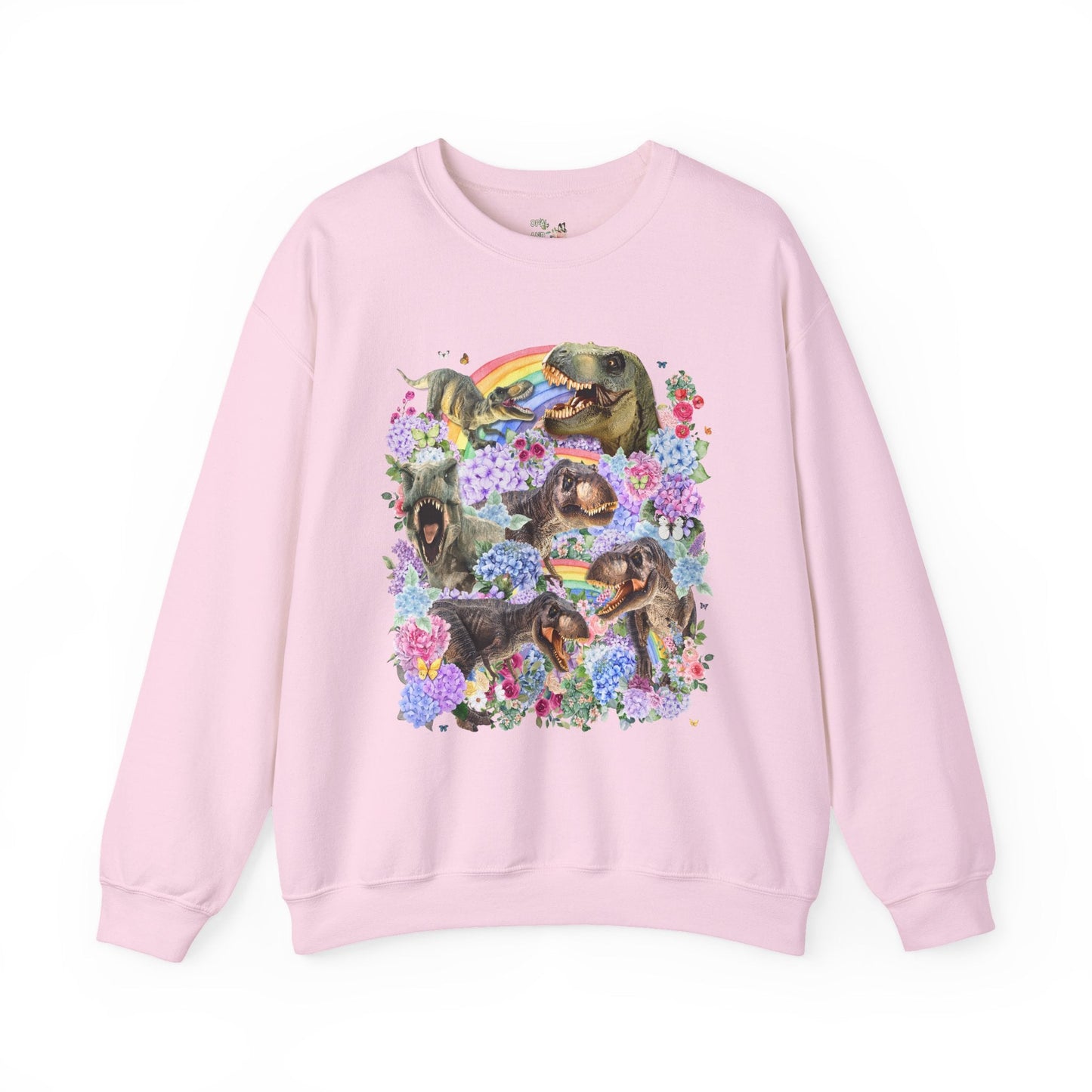 Floral Dinosaur Lover Sweatshirt with Rainbows and Hydrangea Flowers