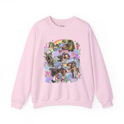 Floral Dinosaur Lover Sweatshirt with Rainbows and Hydrangea Flowers