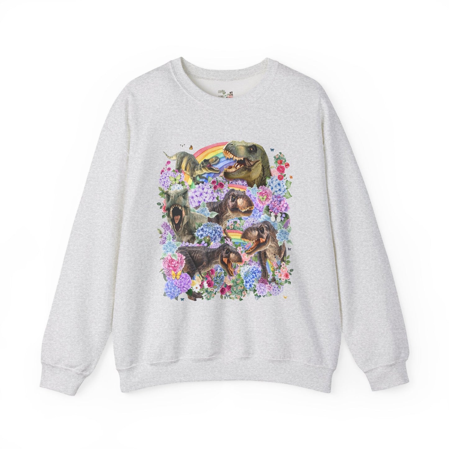 Floral Dinosaur Lover Sweatshirt with Rainbows and Hydrangea Flowers