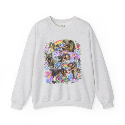 Floral Dinosaur Lover Sweatshirt with Rainbows and Hydrangea Flowers