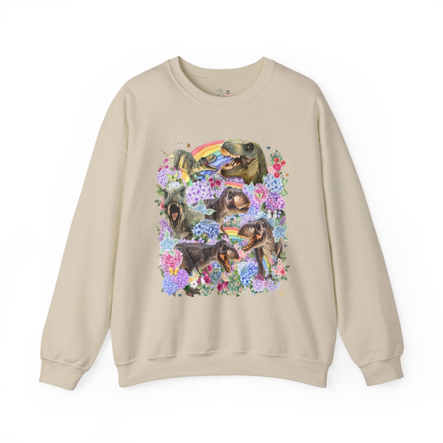 Floral Dinosaur Lover Sweatshirt with Rainbows and Hydrangea Flowers