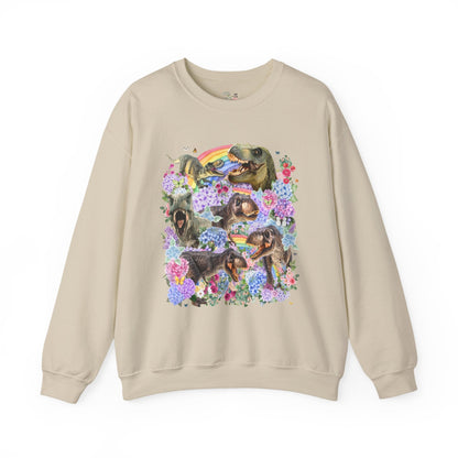Floral Dinosaur Lover Sweatshirt with Rainbows and Hydrangea Flowers