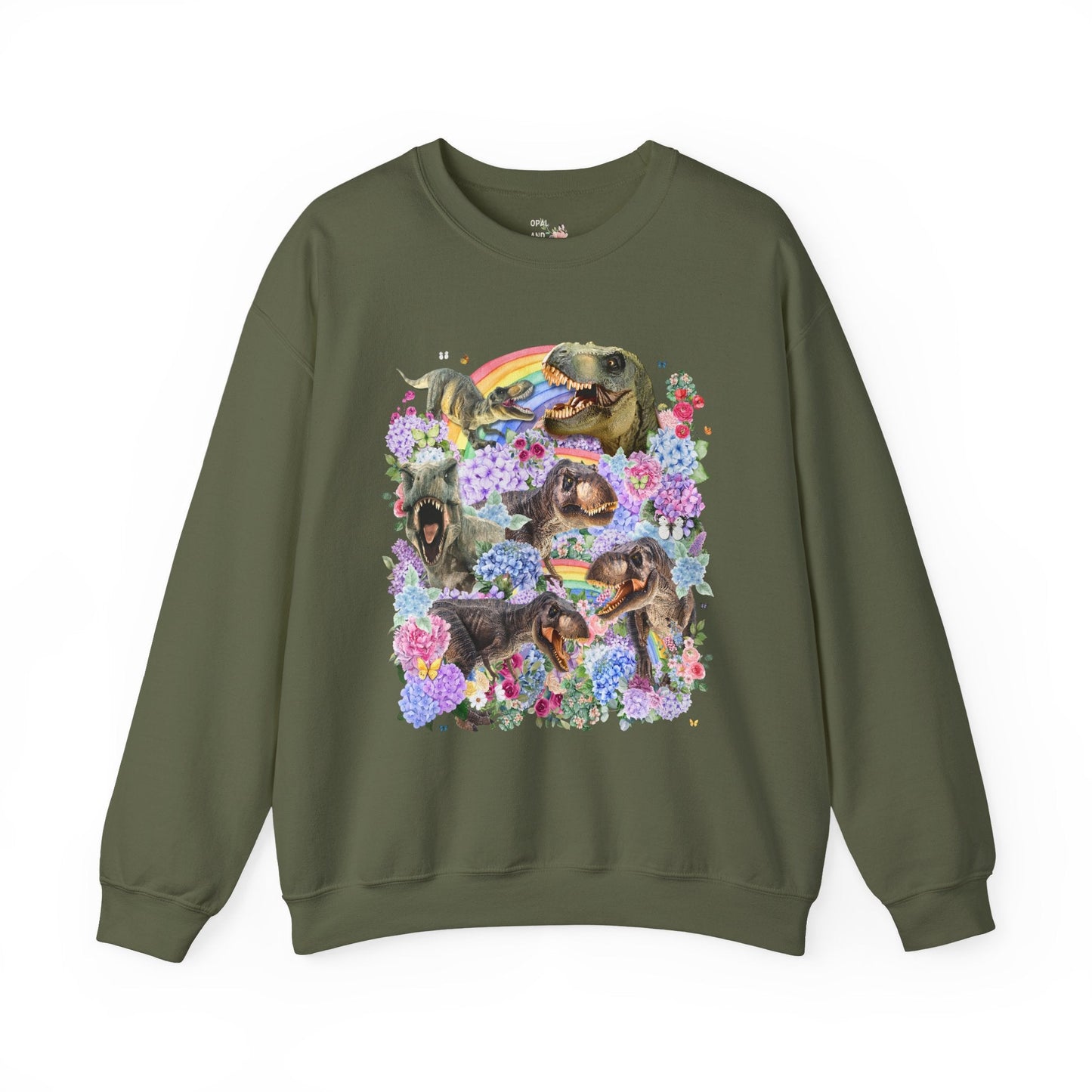 Floral Dinosaur Lover Sweatshirt with Rainbows and Hydrangea Flowers