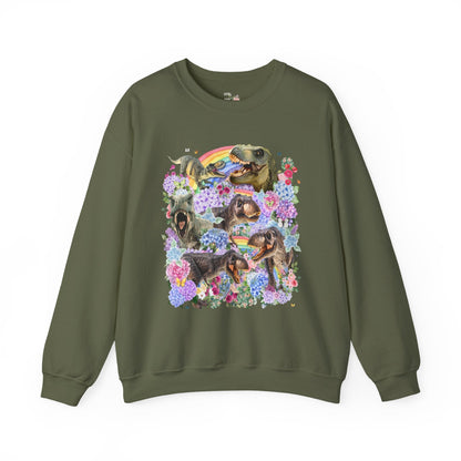 Floral Dinosaur Lover Sweatshirt with Rainbows and Hydrangea Flowers